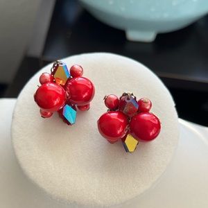 1950s Alice Caviness Iridescent Red Crystal & Faux Pearl Cluster Clip Earrings